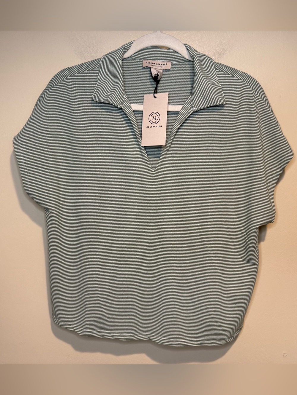 NWT Martha Stewart Mint and White Striped Polo-Style Short Sleeve Top